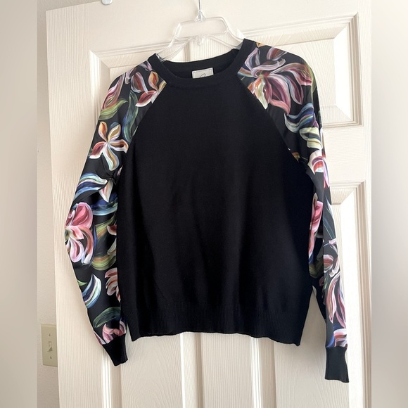 Sioni Black and Pink Crew Neck Sweater with Floral Sleeves - Picture 1 of 3